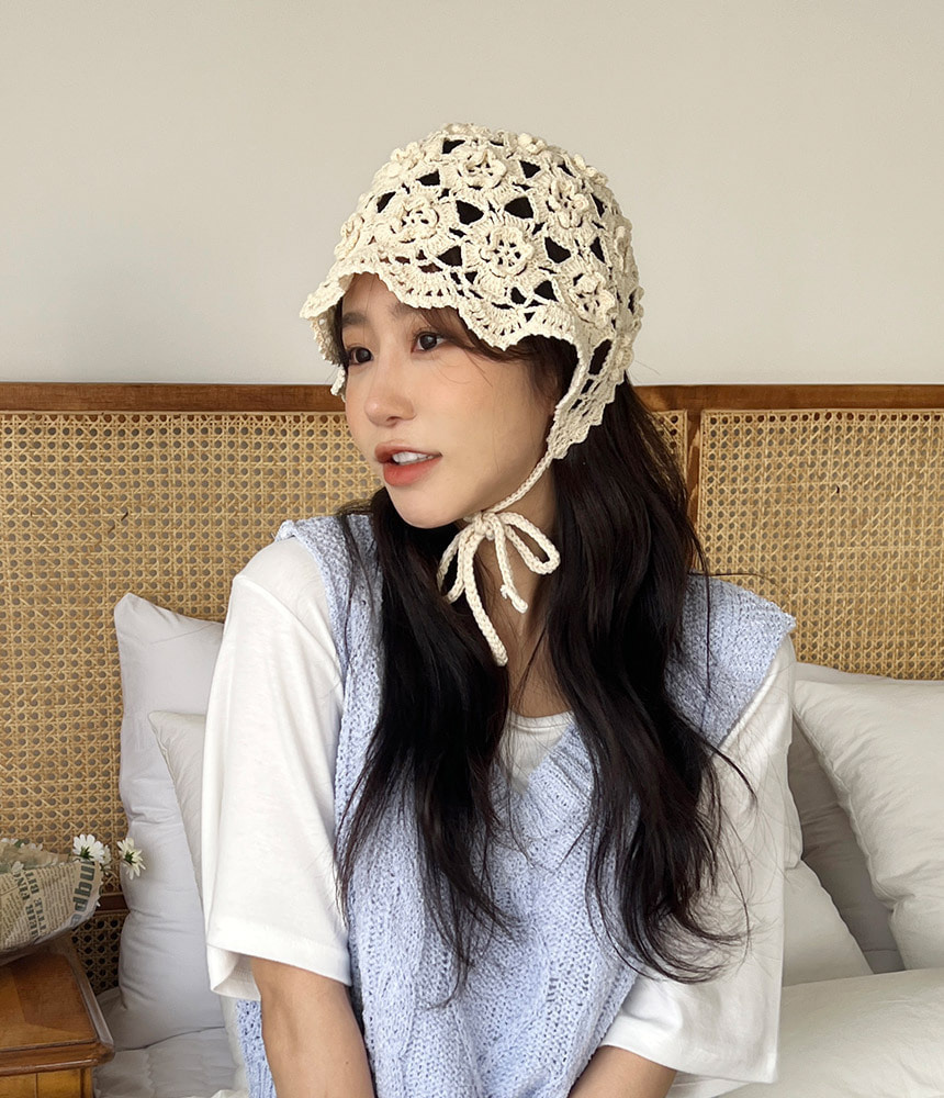 핸드메이드 플라워 끈 니트 보넷 벙거지 여성 버킷햇 모자 - 모자상점
