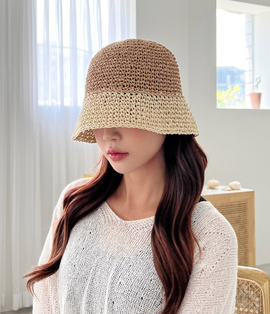배색 라탄 밀짚 벙거지 여자 여름 버킷햇 숏 플로피햇 모자 - 모자상점
