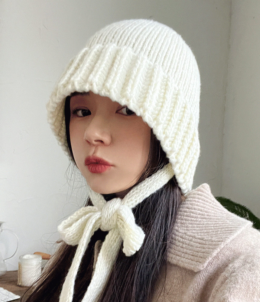 골지 주름 니트 보넷 리본끈 벙거지 겨울 여성 버킷햇 - 모자상점