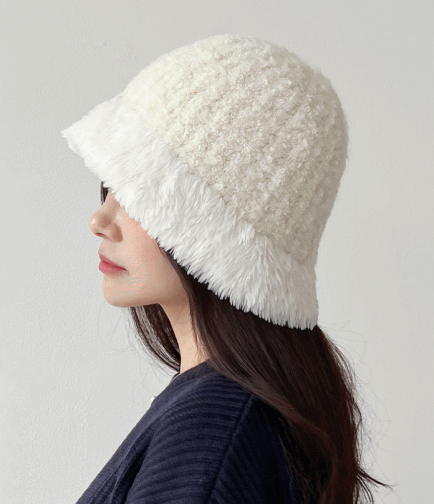 뽀글 양털 라인배색 퍼버킷햇 벙거지 따뜻한 겨울 털 모자 - 모자상점