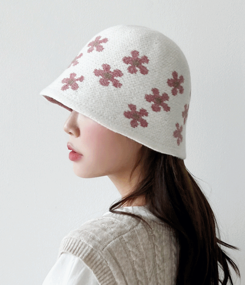데이지 니트 꽃 벙거지 여성 겨울 버킷햇 - 모자상점