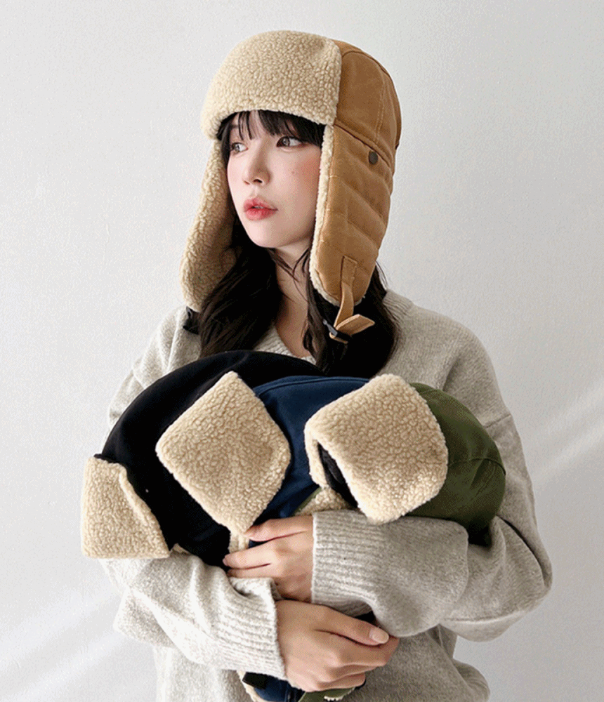1+1 뽀글이 양털 누빔패딩 안감 귀달이모자 방한용 따뜻한 스키장 겨울모자 - 모자상점