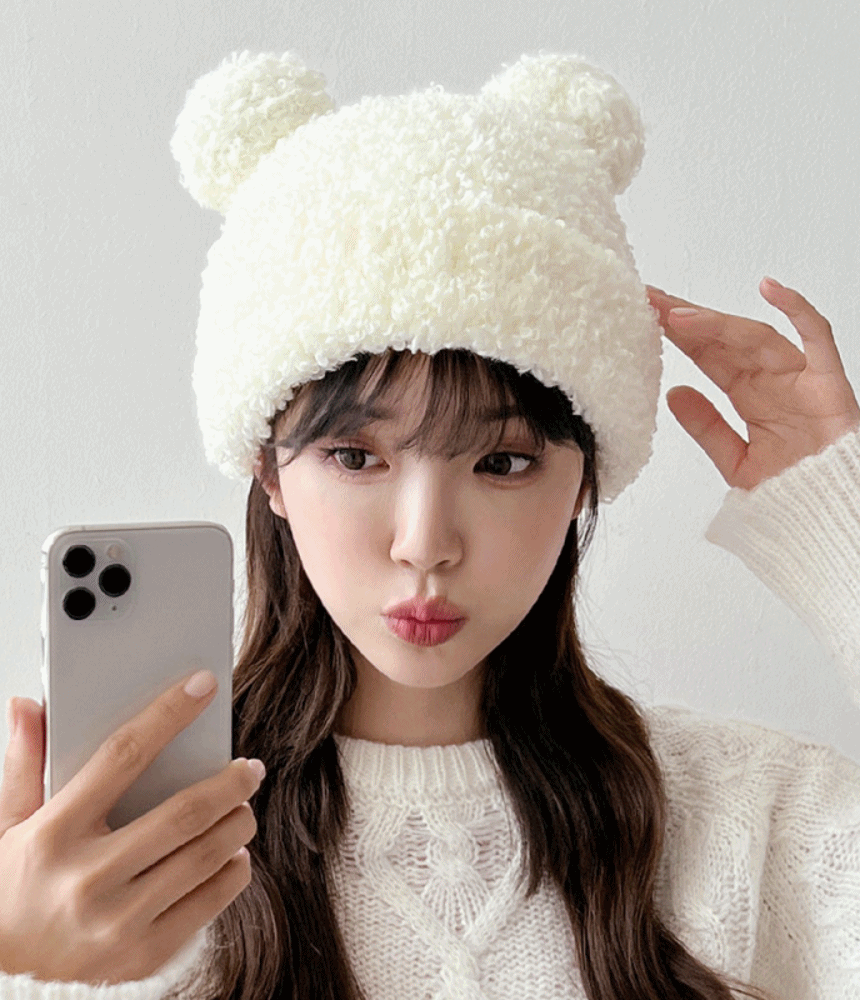 뽀글 양털 곰돌이 니트 비니 여성 겨울 귀여운 털 모자 - 모자상점