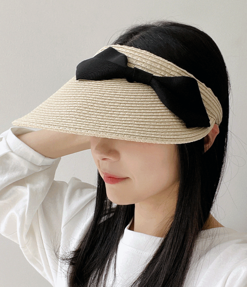 여성 밀짚 리본 썬캡 자외선 차단 라피아 넓은챙 - 모자상점